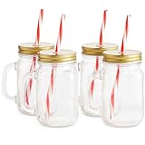 VonShef Set mit 4 Weckglas Trinkgläsern 450 ml Gläser mit Wiederverwendbaren Strohhalmen, Schraubdeckeln & Henkeln